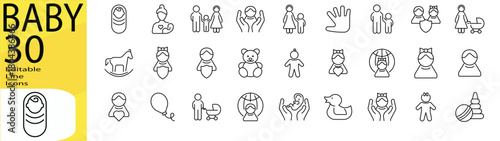 kids Outline linear icon set, editable stroke vector illustrations collection, simple child-themed icons for web design, education, family, playful graphics, modern minimal style and more. 