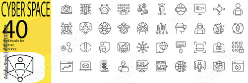 Cyber Space icon set. Editable stroke.