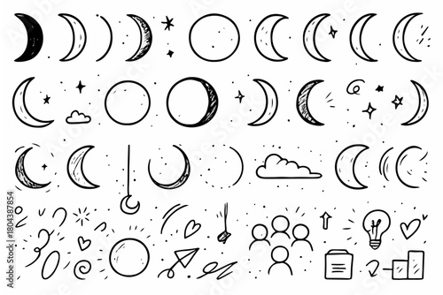 Hand-drawn doodle vector set of multiple moon phases created in a playful sketchy style, isolated on white background
