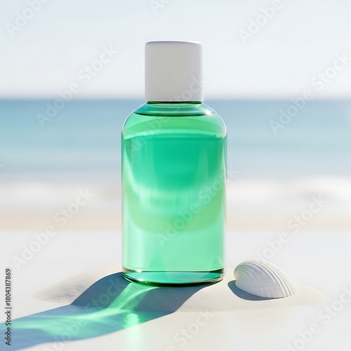 Clear glass bottle of refreshing green liquid on sandy beach with ocean background