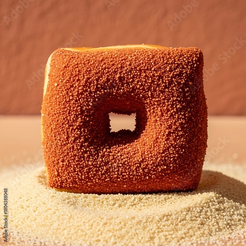 Square shaped cinnamon donut with a hole in the middle on a sandy surface