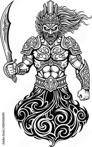 Warrior god illustration with sword fantasy art in black and white style eps silhouette