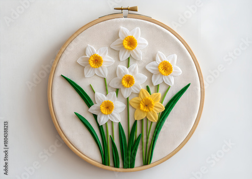 Embroidery Hoop Art Daffodils White Yellow Flowers Green Stems Realistic 3D Textile Floral Design Handmade Spring Decor