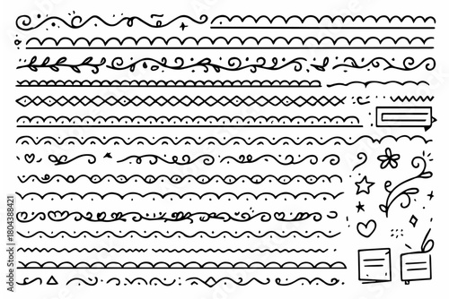 Hand-drawn doodle vector set of ornamental borders created in a playful sketchy style, isolated on white background
