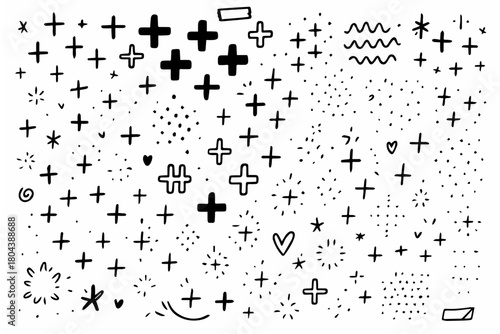 Hand-drawn doodle vector set of plus patterns created in a playful sketchy style, isolated on white background
