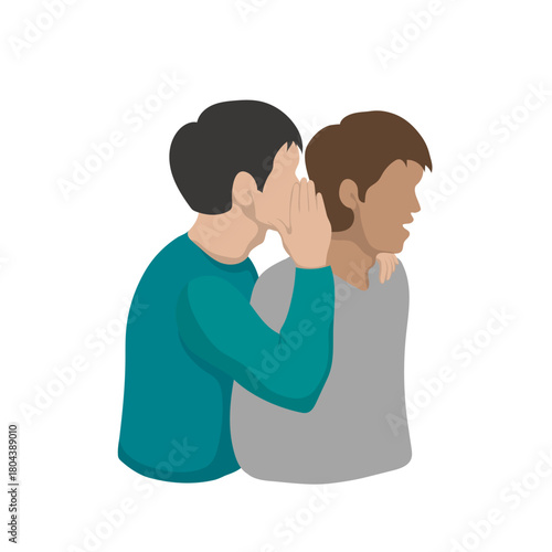 man whispers very close to another, covering his ear with his hand. The listener's mouth opens in surprise - hand drawn vector. Gossip, shocking details, breaking news