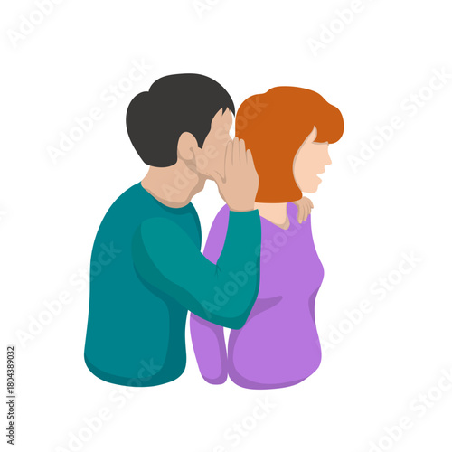 man whispers very close to a woman, covering her ear with his hand. The woman listens and opens her mouth in surprise - hand-drawn vector. Gossip, shocking details, breaking news