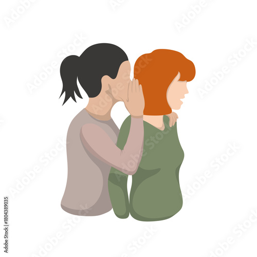  woman whispers very close to another woman, covering her ear with her hand. The woman listens and opens her mouth in surprise - hand drawn vector. Gossip, shocking details, breaking news