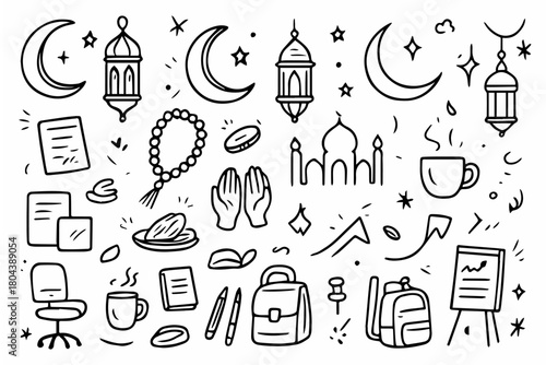 Hand-drawn doodle vector set of Ramadan core symbols created in a playful sketchy style, isolated on white background
