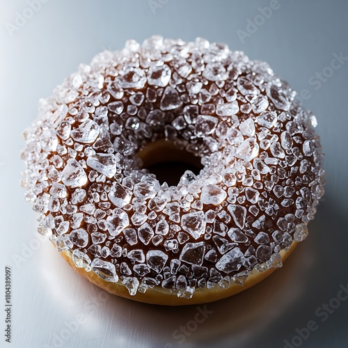 Close up of a delicious donut covered in sparkling sugar crystals and glaze