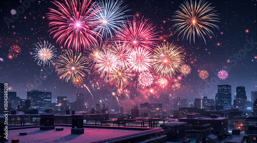 City Fireworks Extravaganza: Vibrant fireworks explode in the night sky over a cityscape. The dazzling display of color illuminates the urban skyline, creating a sense of celebration.