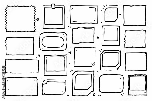 Hand-drawn doodle vector set of rough edge frames created in a playful sketchy style, isolated on white background
