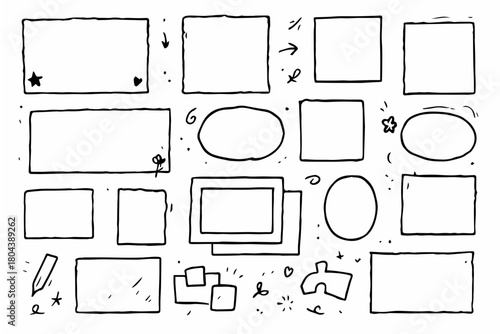 Hand-drawn doodle vector set of rough edge frames created in a playful sketchy style, isolated on white background
