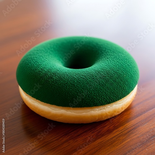 Delicious green frosted donut on a wooden table surface