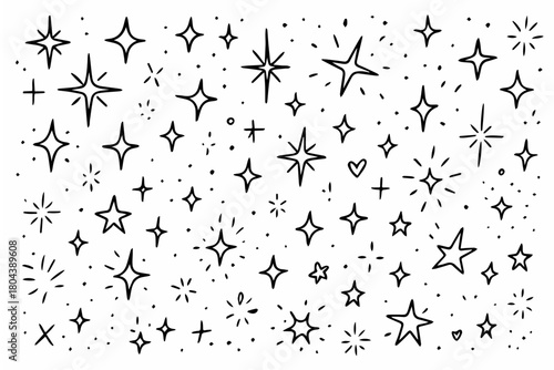 Hand-drawn doodle vector set of shiny sparkles created in a fun sketchy style, isolated on white background
