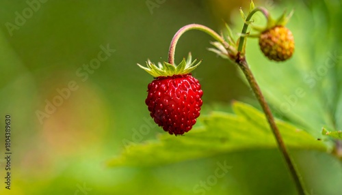 Close-up of a vibrant wild strawberry, ripe, against blurred green