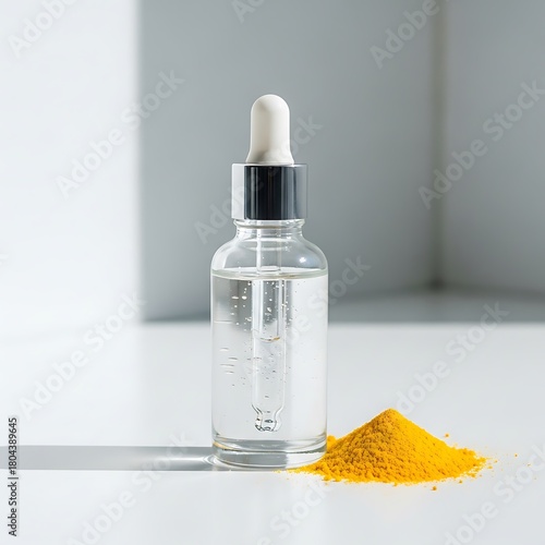 Clear glass dropper bottle with cosmetic serum and turmeric powder on white surface