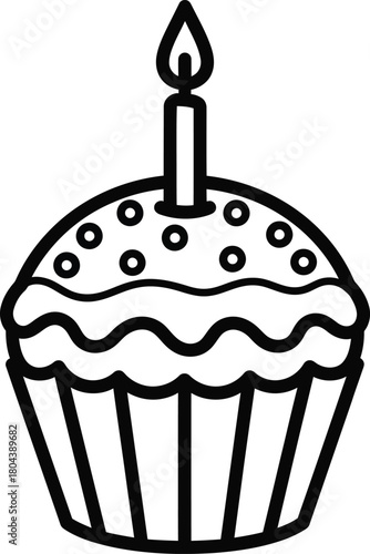 Black and white cupcake illustration with candle birthday celebration eps silhouette