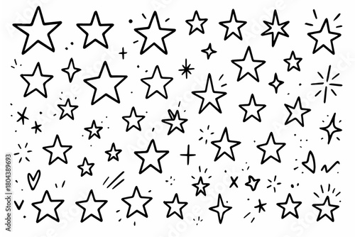 Hand-drawn doodle vector set of simple five-point stars created in a fun sketchy style, isolated on white background
