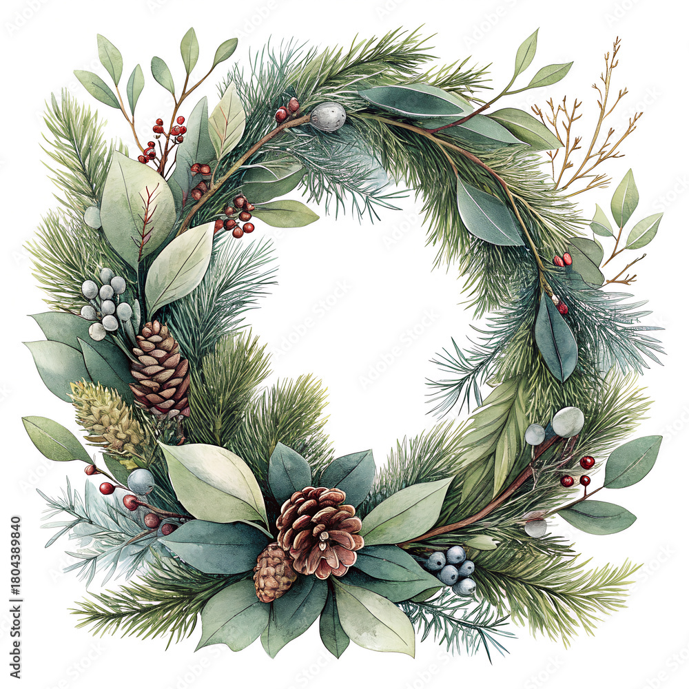 Fototapeta premium Winter wreath with pinecones and berries isolated on transparent background