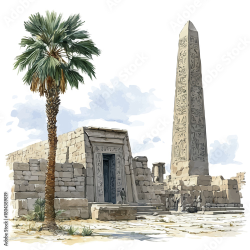 Karnak Temple, watercolor painting vector, isolated on a white background.