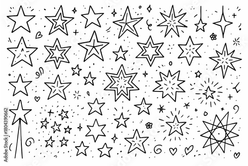 Hand-drawn doodle vector set of star patterns created in a playful sketchy style, isolated on white background
