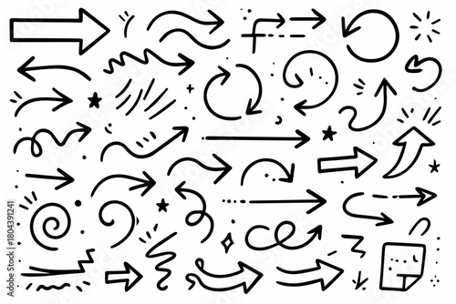 Hand-drawn doodle vector set of swipe arrows created in a playful sketchy style, isolated on white background
