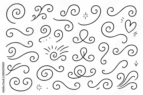 Hand-drawn doodle vector set of swirly lines created in a fun sketchy ink-pen style, isolated on white background
