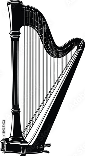 Find beautiful black and white harp vector illustration for music design eps silhouette