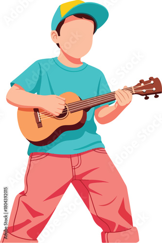 Boy in cap plays a ukulele against white background, suitable for musicrelated designs, youth activities, and creative concepts in media.