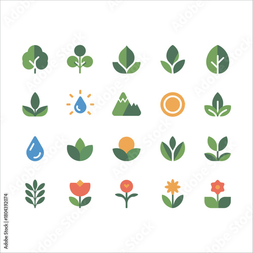 A vector set of green nature icons featuring leaf, plant, tree, and eco design elements
