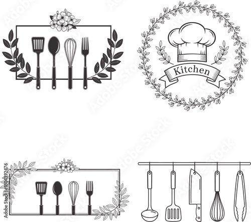 Elegant black and white vintage kitchen and bakery illustration set with chef hat apron floral glass teacup spice jars mixing bowl rolling pin measuring cup cookies botanical decorative line art vecto