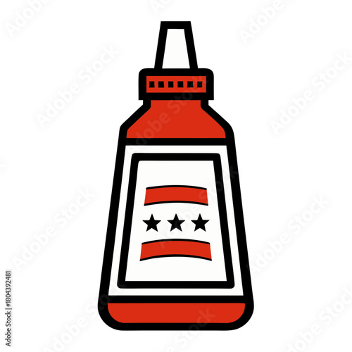 Red squeeze bottle with white label and three black stars
