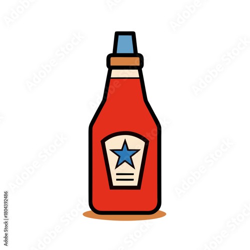 Red ketchup bottle with blue star label and black background