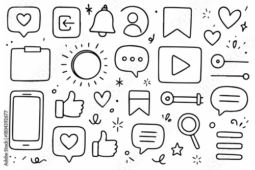 Hand-drawn doodle vector set of UX and social media highlights created in a fun sketchy style, isolated on white background
