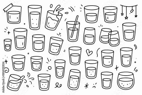 Hand-drawn doodle vector set of water and glasses created in a playful sketchy style, isolated on white background
