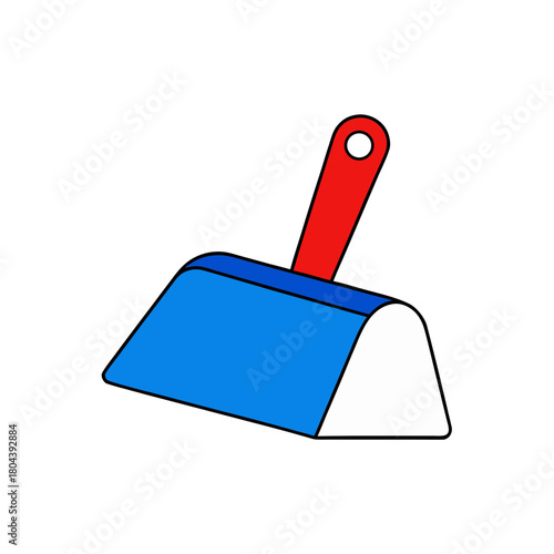Simple graphic of a dustpan with a red handle and blue and white scoop
