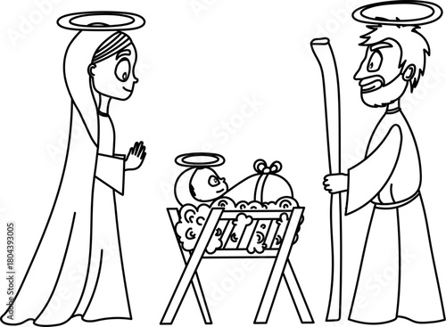 Nativity scene with baby Jesus, Mary, Joseph. Coloring page for Christmas vector illustration.