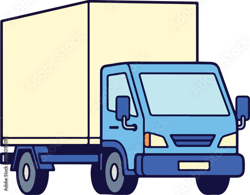 Blue delivery truck with cream cargo container suitable for logistics, transportation, shipping, urban delivery, commercial services, and freight transportation themes.