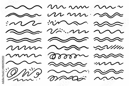 Hand-drawn doodle vector set of wavy strokes created in a fun sketchy style, isolated on white background
