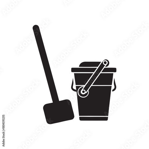 Black silhouette of a mop and bucket on a black background