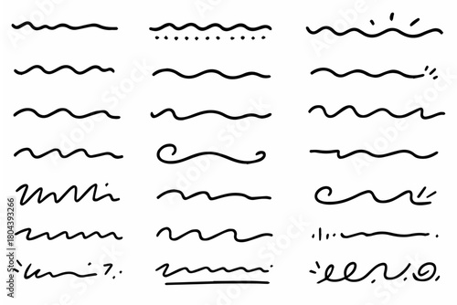 Hand-drawn doodle vector set of wobbly underlines created in a fun sketchy style, isolated on white background
