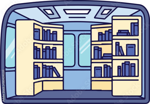 Subway car transformed into library space ideal for educational, literacy, transportation topics in design projects and content creation.