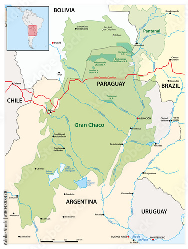 Map of the semi-arid lowland region Gran Chaco in South America