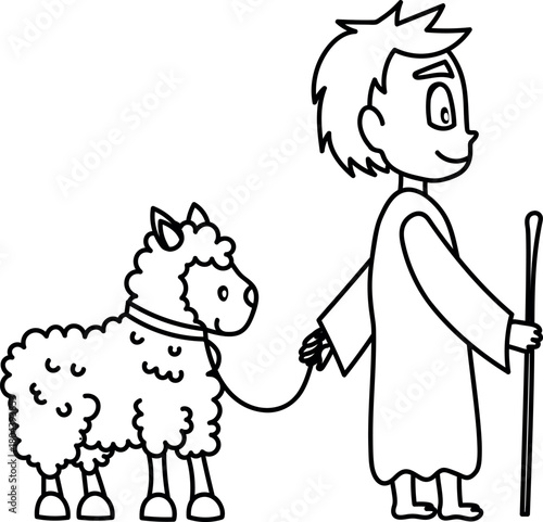 A cartoon shepherd and sheep or lamb. Poor boy with sheep coloring page. Vector illustration for kids.