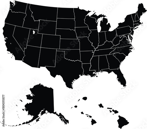 United states map black and white vector usa states alaska hawaii map eps silhouette
