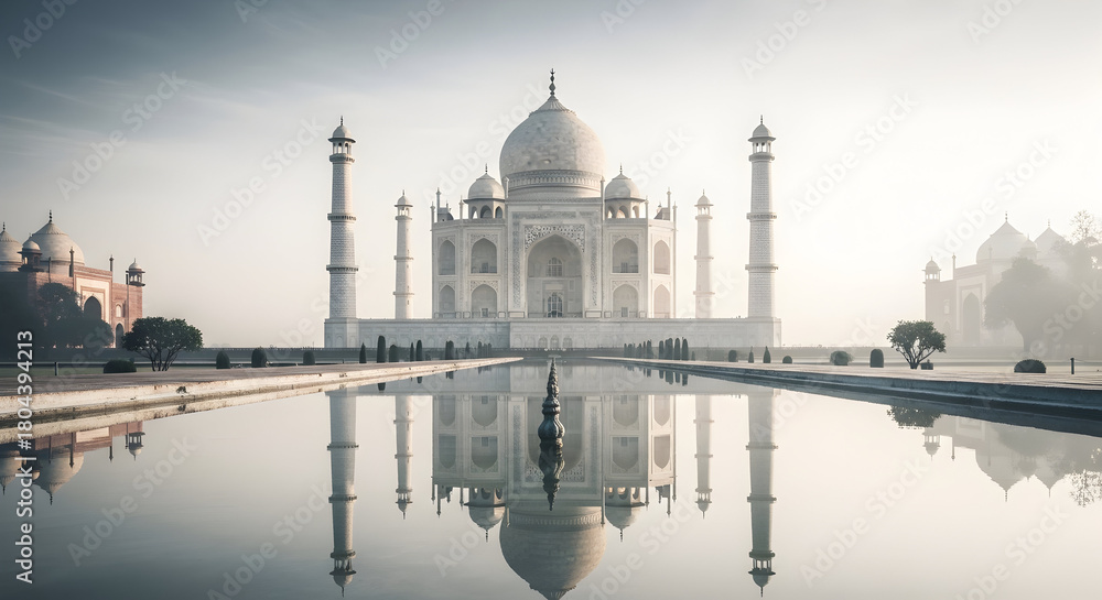 Obraz premium The majestic Taj Mahal reflected in a serene pool on a misty morning.