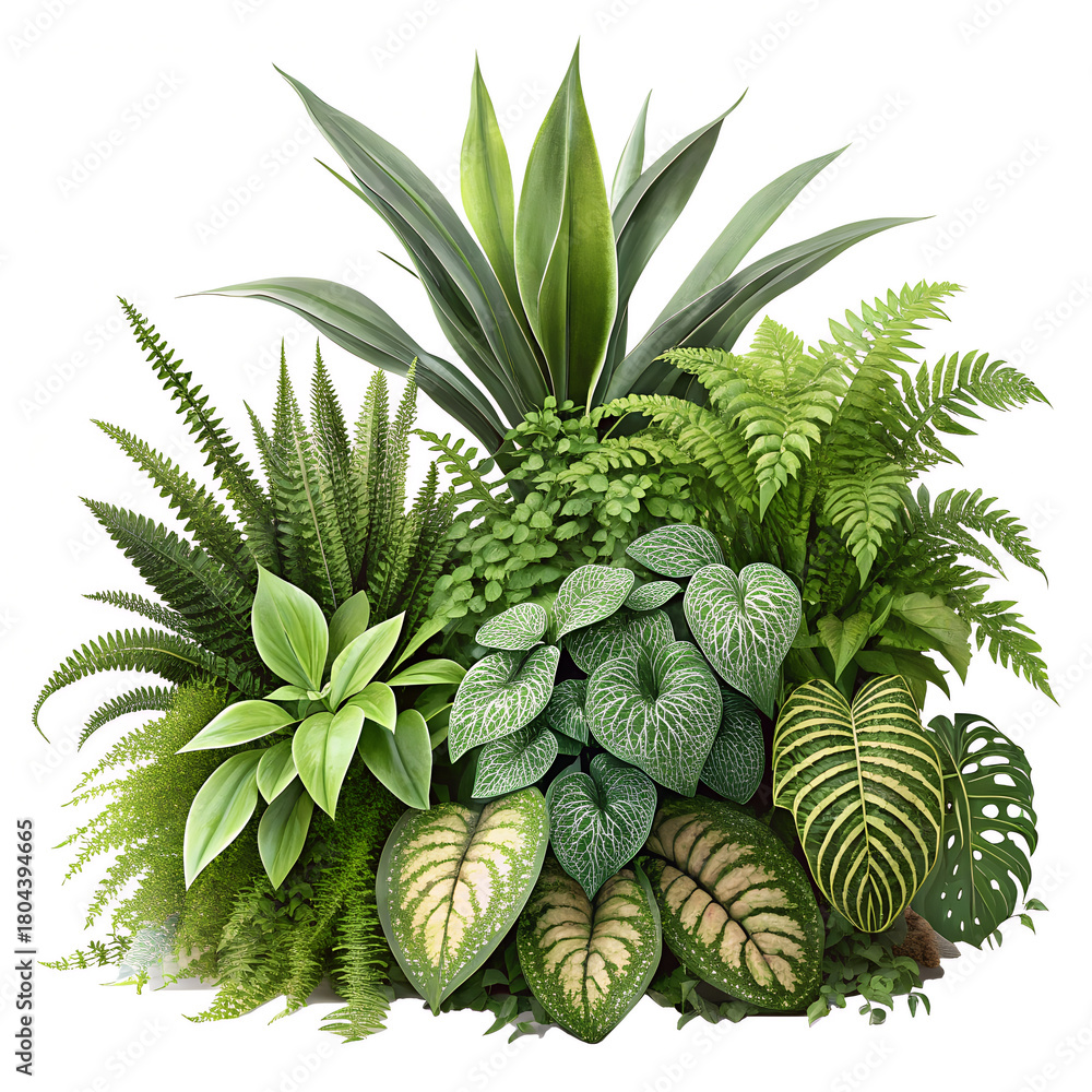 Fototapeta premium A lush arrangement of various green houseplants isolated on transparent background