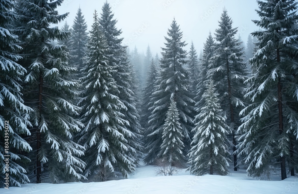 Obraz premium Snowy forest scene. Fir trees covered in snow stand tall in winter. Misty atmospheric view. Cold weather landscape. Perfect for winter holidays Christmas themed projects.