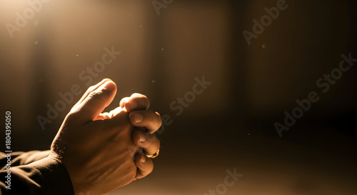A person's hands clasped in prayer or contemplation, illuminated by a dramatic beam of light from above.